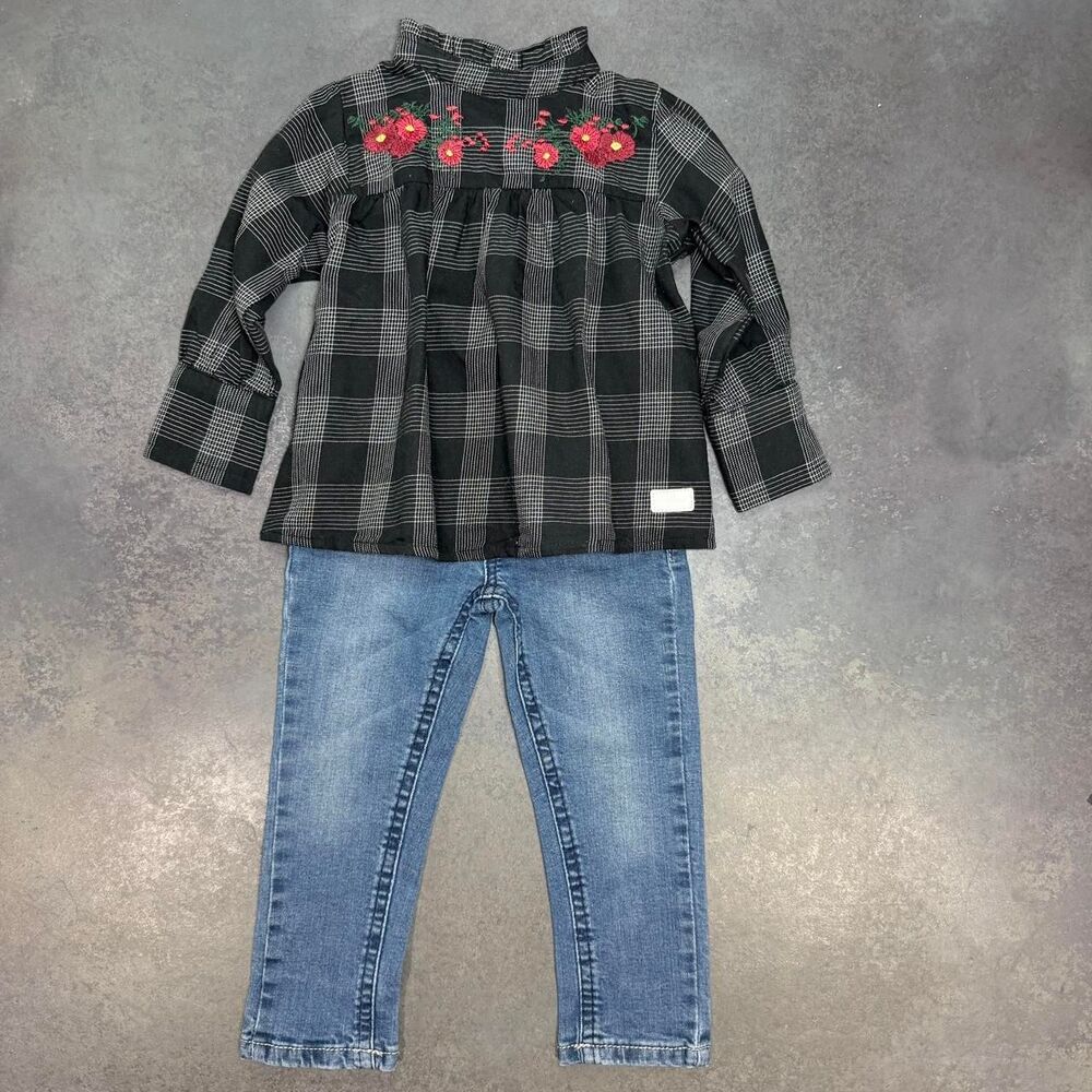 7 For All Mankind Red Embroidered Plaid Button Shirt Top & Denim Jeans Set 24M
